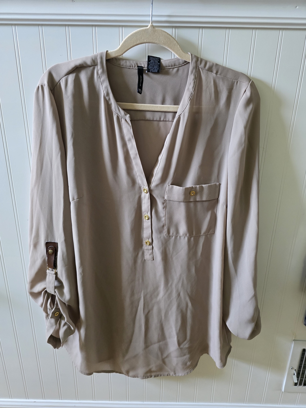 new directions Taupe Long-Sleeve Henley Blouse with Pocket